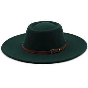 Detail of dark green felt fedora hat featuring a stylish brown faux leather buckle strap
