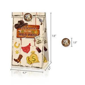 Détail des sacs cadeaux Wild West avec dimensions 7.8x4.7x3.1 pouces et étiquettes