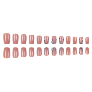 Short square press-on nails in dusty rose with 3D purple flowers and rhinestones
