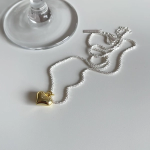 French style 925 sterling silver popcorn chain necklace with gold heart pendant