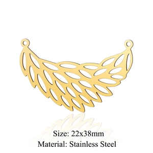 Detailed view of gold wing pendant with 22x38mm size specs and stainless steel texture