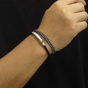 Double-layer woven black leather bracelet with silver steel beads and magnetic clasp for men