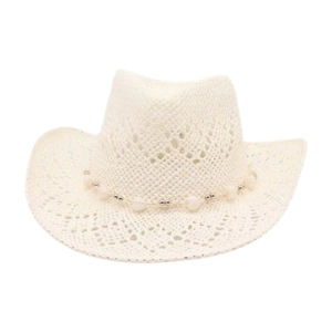 Stylish white woven cowboy straw hat with hollow knit brim and heart bead decoration