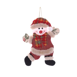 Christmas plush ornaments featuring dancing Santa and Snowman with plaid hats and fur trim