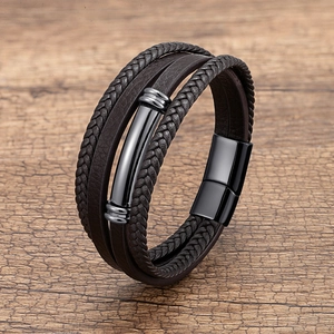 Bracelet En Corde De Cuir Tissé Multicouche Pour Hommes Avec Fermoir Magnétique En Acier Inoxydable Bijou Rétro
