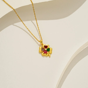 Titanium steel lucky clover necklace with micro-set zircon and colorful gemstones
