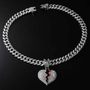 Hip hop cuban chain with silver iced out broken heart pendant and red stone crack