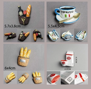 Detailed views of 3D resin food magnets showing realistic bread and coffee miniature models