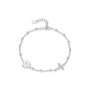S925 sterling silver daisy bracelet with diamond-encrusted cross charms and beads