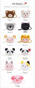 Macro display of diverse plush animal crossbody bags including bears, koalas and cats
