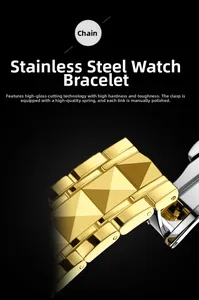 Detailed view of faceted gold stainless steel watch band with premium clasp and polish