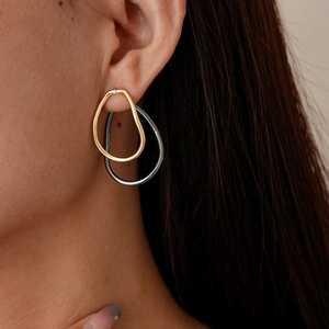 Minimalist gold and gunmetal asymmetric geometric interlocking hoop earrings for women