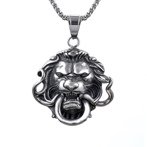 Antique silver lion head pendant with ring in mouth on a thick steel box chain