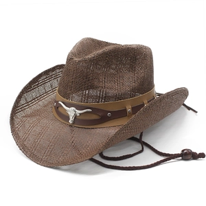 Western Cowboy Straw Hat Women Wide Brim Breathable Sun Protection Paper Straw Hat With Metal Bull Head And Wind Rope
