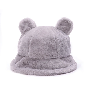 Detail view of the thick plush texture and cute bear ears on the gray fuzzy bucket hat