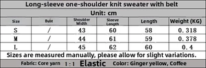 Size guide for off-shoulder knitted sweater with belt detailing measurements in cm