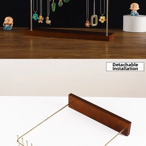 Detail view of the detachable wood and metal necklace stand with easy assembly features