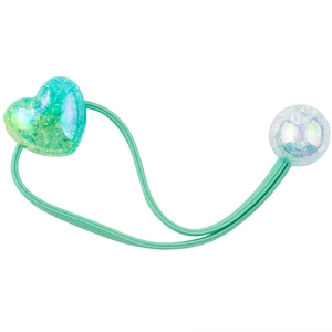 Elastic hair tie with green band featuring colorful glitter heart and bead decorations