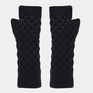 Detailed close-up of black fingerless knit gloves with honeycomb texture and ribbed cuffs