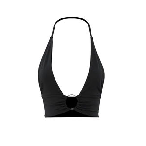 Crop top dos nu noir sexy avec décolleté en V profond et anneau en métal argenté