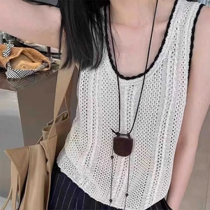 Minimalist Long Necklace With Leather Pouch Geometric Ring Pendant Handcrafted Vintage Style Jewelry For Women Accessory