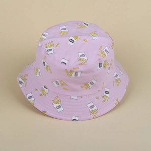 Top view detail of a pink bucket hat featuring an all-over cartoon french fries pattern