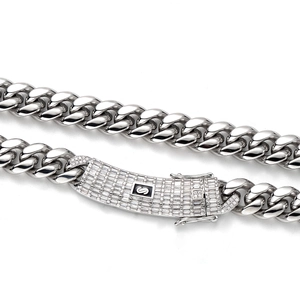 Polished silver cuban link necklace with micro-pave zirconia clasp for men