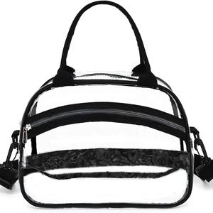 Transparent waterproof PVC makeup bag with black trim and detachable shoulder strap