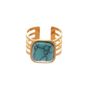 18k gold plated stainless steel open ring with a square turquoise stone and layered band