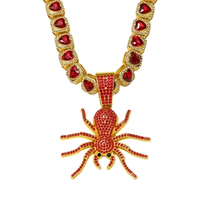 Hip Hop Spider Pendant Necklace For Men Iced Out Red Rhinestone Heart Cuban Link Chain Punk Rock Party Jewelry Gift