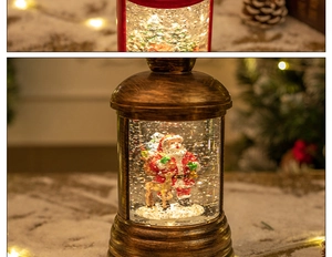 Close-up of vintage bronze Christmas water lantern featuring Santa and reindeer inside