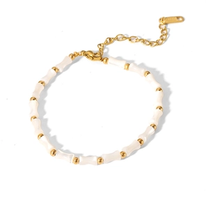 French retro natural shell bamboo link necklace in gold-plated stainless steel for women