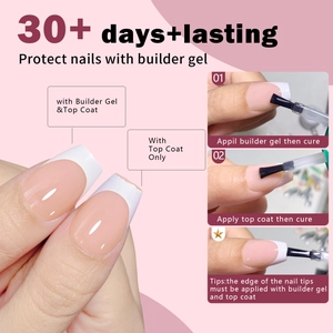 Macro view of French manicure builder gel application steps and natural pink finish