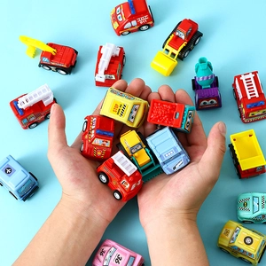 Top view of colorful mini pull-back toy cars including fire truck and school bus