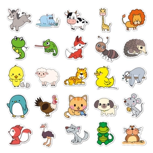 Detailed view of 25 cute cartoon animal die-cut stickers with clean white borders