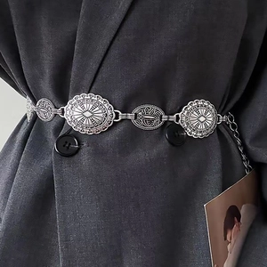 Bohemian silver metal waist chain with vintage engraved circular and oval plates