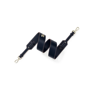 Universal wide crossbody shoulder strap in dark blue leather with gold metal clips