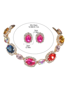 Detail view of colorful rhinestone jewelry set with precise necklace and earring dimensions