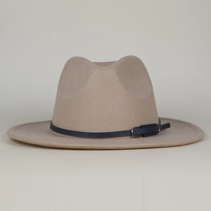 Detailed close-up of wool fedora hat with elegant leather buckle band and flat brim