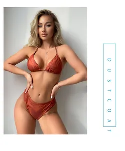 Close-up of retro marble pattern and fabric texture on this two-piece bikini set