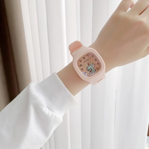 Cute pink square silicone watch featuring a cartoon elephant design for kids and students