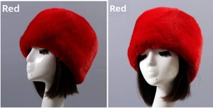 Detailed view of plush red faux fur beanie with warm thicken lining for winter