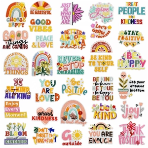 Colorful Embroidery Patches Iron On Sew On Decorative Appliques For Clothing Bags Positive Quotes Slogan Floral Rainbow DIY Fabric