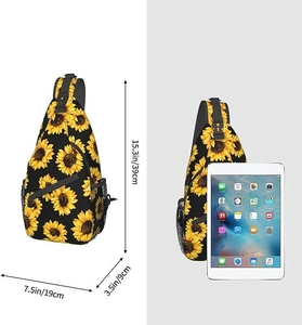 Dimensions du sac tournesol: 39x19x9 cm montrées à côté d'une tablette tactile