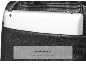 Detail der hinteren Reißverschlusstasche am Lederrucksack mit Platz für Tablet-Computer
