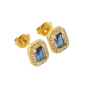 Square blue zircon earrings in 18K gold-plated titanium steel with white crystal halo