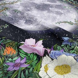 Detail of moon phase tapestry fabric with vibrant floral prints and soft textile folds