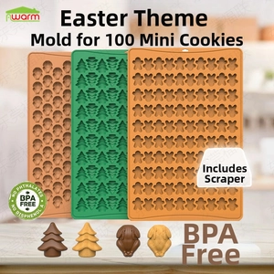 Detail view of 100-cavity silicone baking molds for Easter and Christmas with scraper