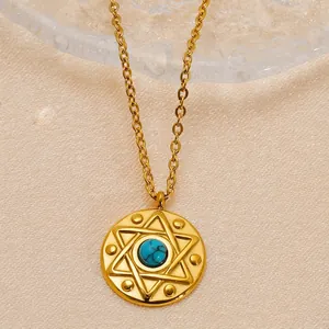 Collier Pendentif Hexagramme Plaqué Or 18K Acier Inoxydable Avec Turquoise Rond Céleste Vintage Bijoux Unisexe
