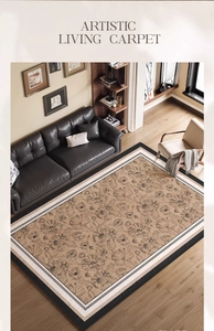 Artistic living carpet with vintage black floral patterns on a beige woven surface